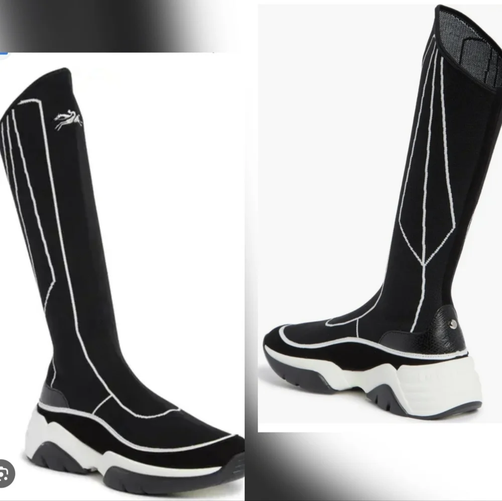 Longchamp Black and White Knee-High Boots